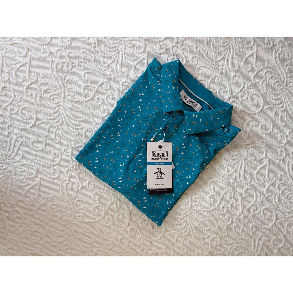 NWT Original Penguin Sport Mens Teal Science Lab Glassware Print Polo Shirt Med